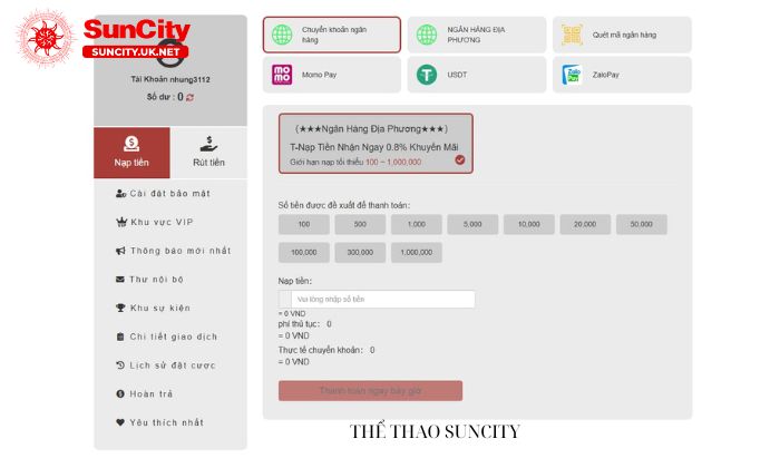Nạp tiền Suncity qua tài khoản ngân hàng