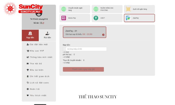 Hướng dẫn quy trình nạp tiền tại Suncity